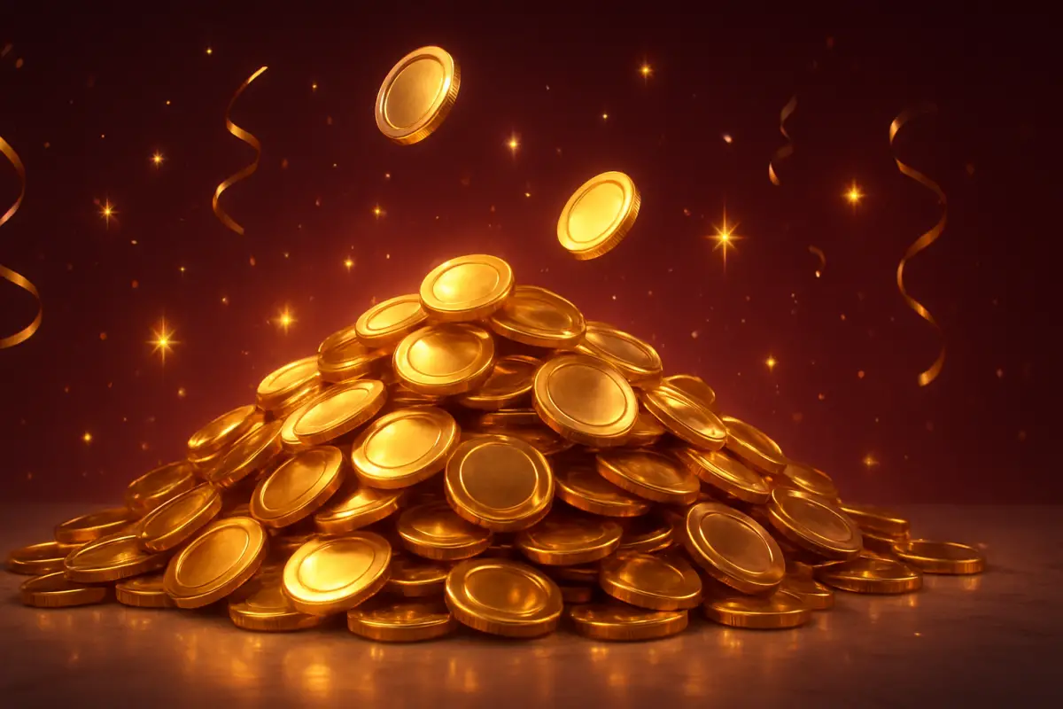 casino-general — pile of gleaming gold coins with sparkling star particles
