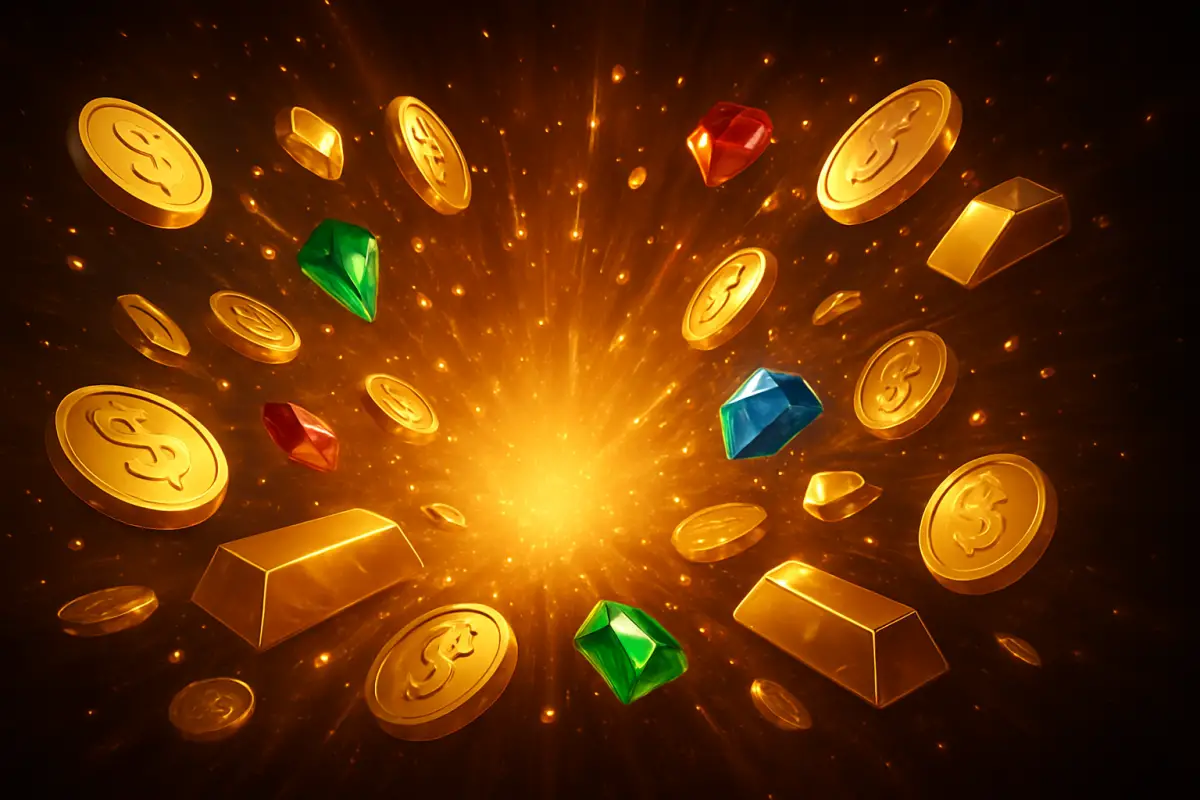 casino-general — dramatic burst of gold coins and gems — abstract big-win celebration