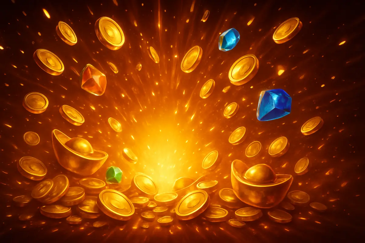 live-casino — dramatic burst of gold coins and gems — abstract big-win celebration