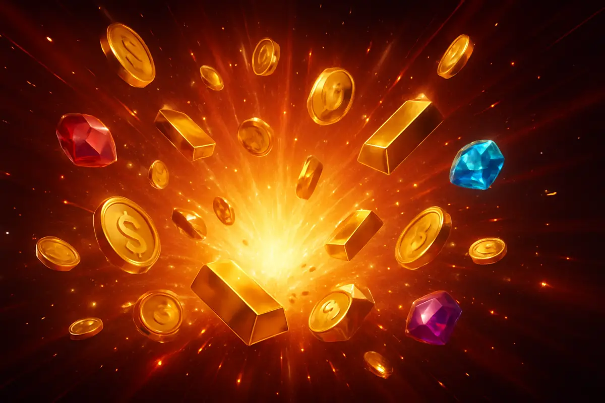 slots — dramatic burst of gold coins and gems — abstract big-win celebration