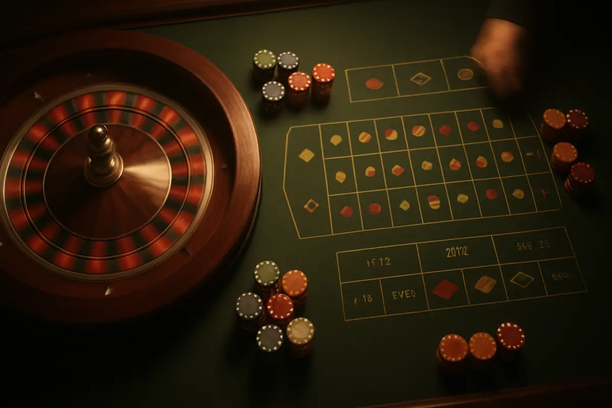 casino-general — overhead view of a roulette table with a spinning wheel and casino chips