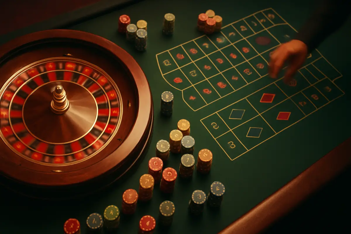 casino-general — overhead view of a roulette table with a spinning wheel and casino chips