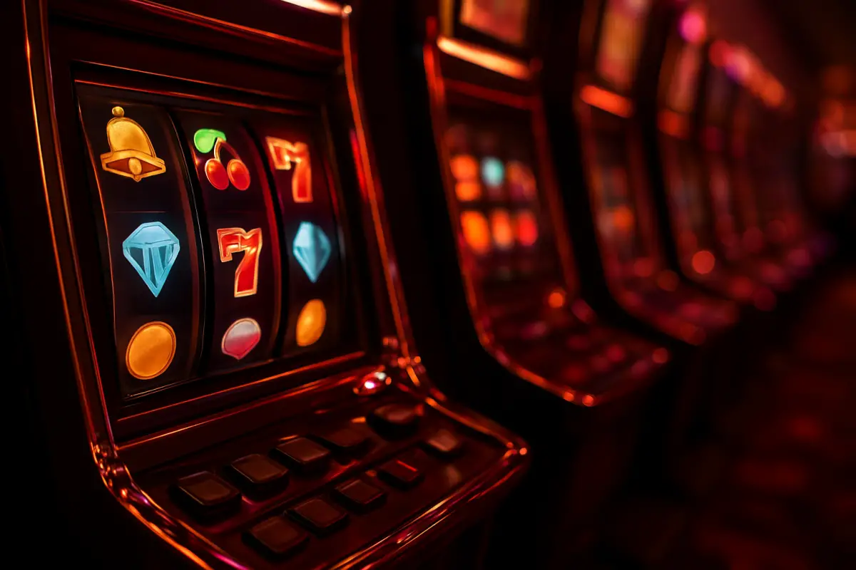 casino-general — long row of glowing slot machines with reels showing abstract symbols