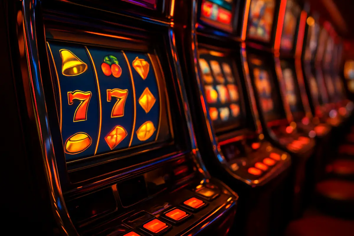 casino-general — long row of glowing slot machines with reels showing abstract symbols