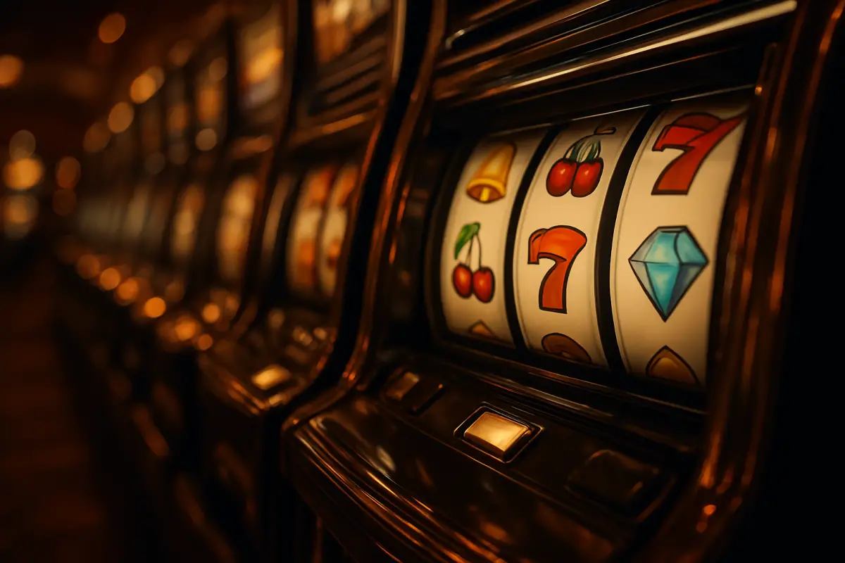 casino-general — long row of glowing slot machines with reels showing abstract symbols