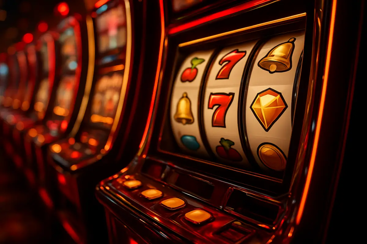 casino-general — long row of glowing slot machines with reels showing abstract symbols