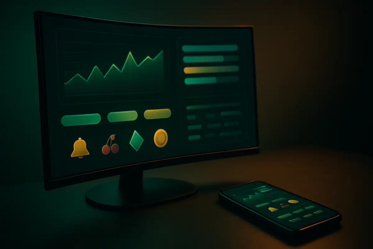 casino-general — curved monitor showing abstract sportsbook interface with graphs and buttons