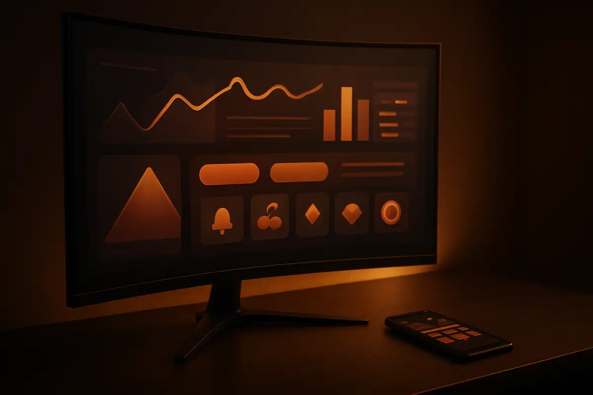 casino-general — curved monitor showing abstract sportsbook interface with graphs and buttons
